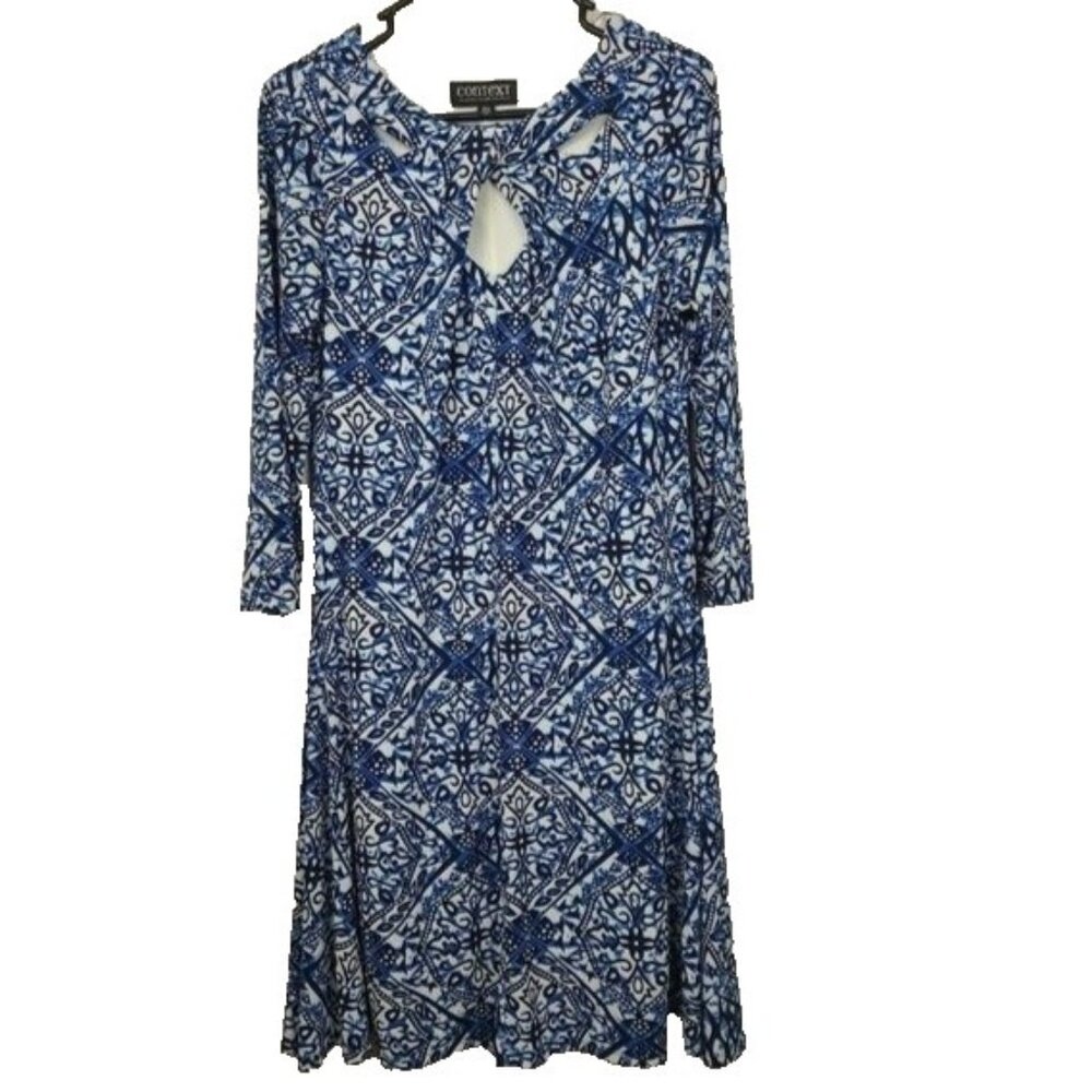 Context Womens Midi Dress Medium Blue Damask Print‎ Cutout 3/4 Sleeve Casual